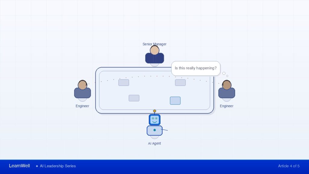 Conference table with senior manager, two engineers, and AI agent robot - editorial illustration
