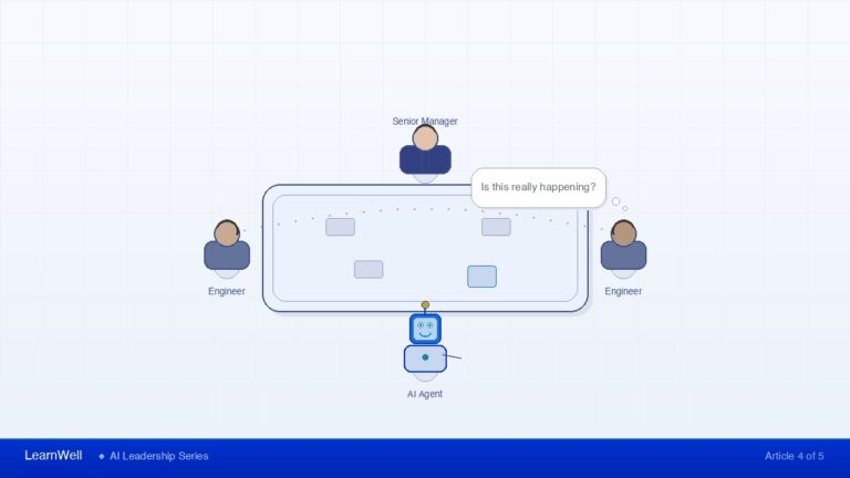 Conference table with senior manager, two engineers, and AI agent robot - editorial illustration